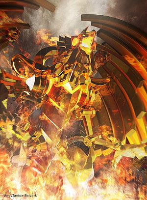 Winged Dragon of Ra Golden Mecha Artwork with Fire and Mechanical Wings HD phone wallpaper