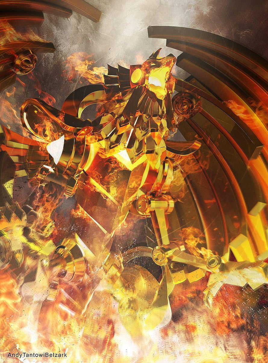Winged Dragon of Ra Golden Mecha Artwork with Fire and Mechanical Wings HD phone wallpaper
