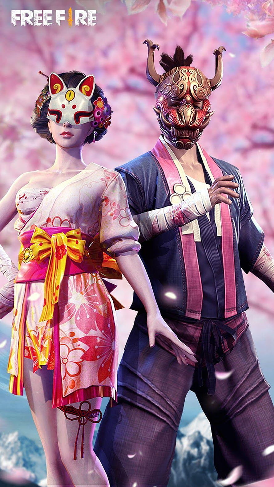 Free Fire Japanese Festival Character Skins with Fox and Oni Masks HD phone wallpaper