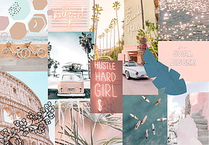 Pastel Aesthetic Collage Featuring Beach Bikes, Vintage Van, and Motivational Quotes HD wallpaper
