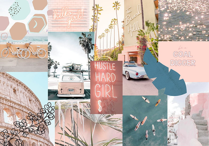 Pastel Aesthetic Collage Featuring Beach Bikes, Vintage Van, and Motivational Quotes HD wallpaper