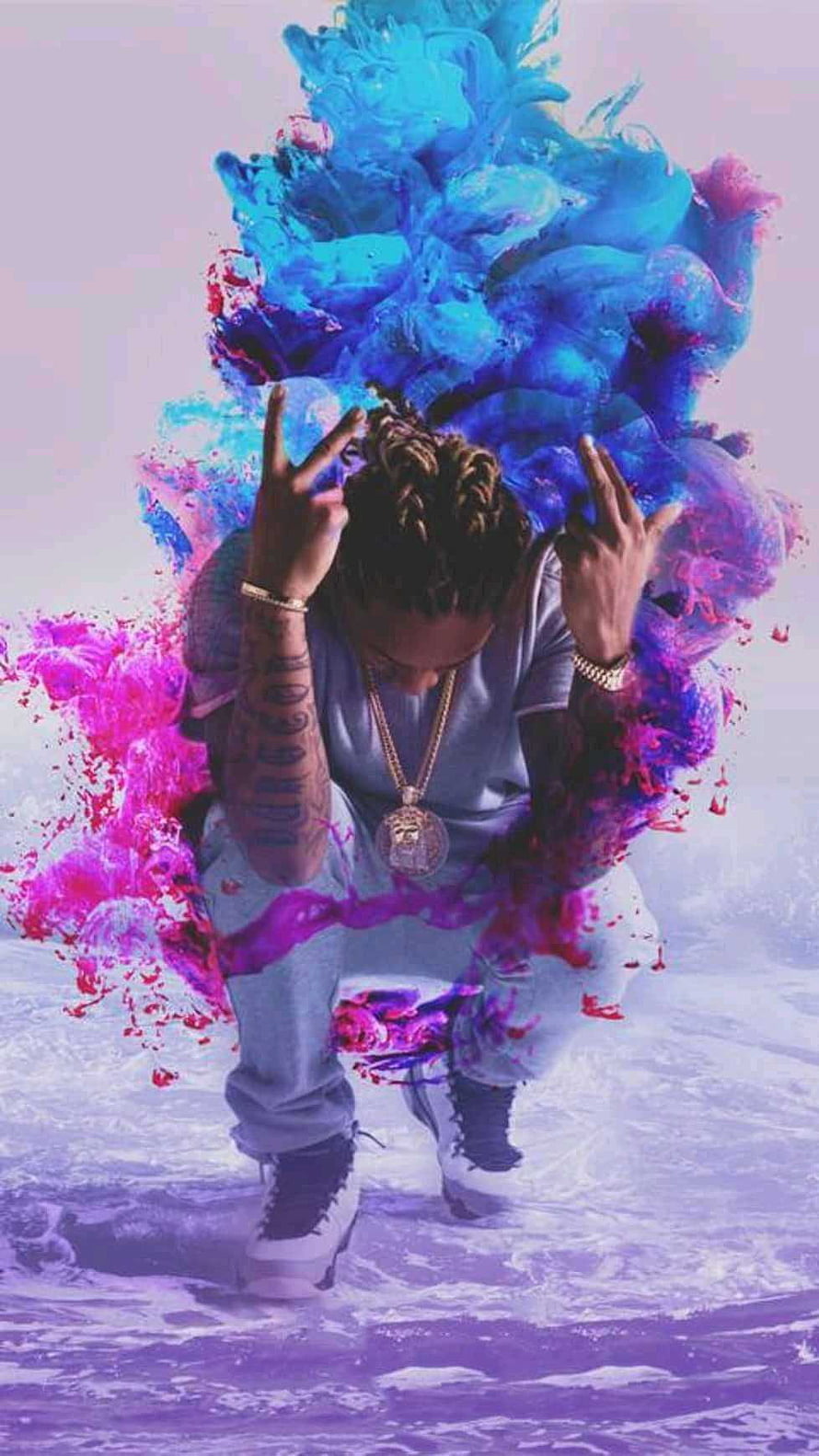 Future Rapper Crouching in Vibrant Blue and Pink Ink Splash HD phone wallpaper