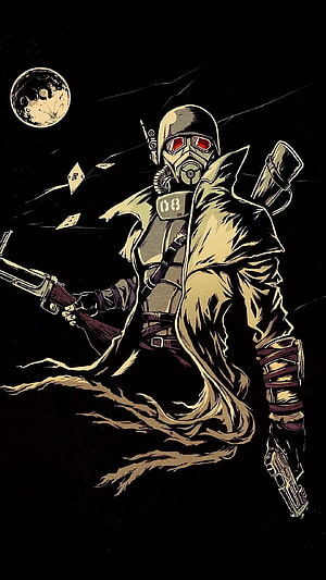 Fallout New Vegas Vault Dweller with Gas Mask and Weapons in Dark Sci-Fi Illustration HD phone wallpaper