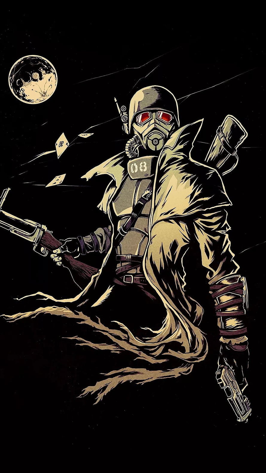 Fallout New Vegas Vault Dweller with Gas Mask and Weapons in Dark Sci-Fi Illustration HD phone wallpaper