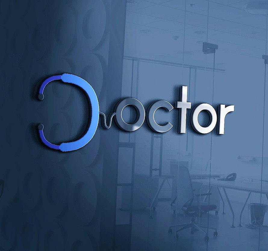 Modern 3D Doctor Logo Signage on Glass Office Wall with Blue Medical Icon HD wallpaper