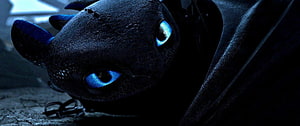 Toothless Night Fury Close-Up with Glowing Blue Eyes in Dark Cinematic Setting HD wallpaper