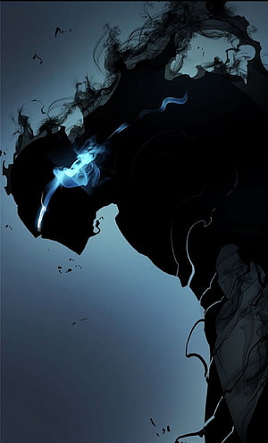 Dark Ninja Silhouette with Glowing Blue Smoke and Ink Splatter Art HD phone wallpaper
