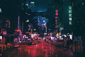 Cyberpunk Neon City Street at Night with Rain and Futuristic Vehicles HD wallpaper