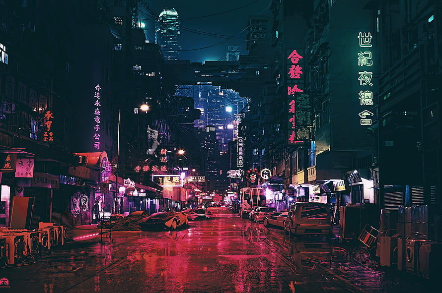 Cyberpunk Neon City Street at Night with Rain and Futuristic Vehicles HD wallpaper
