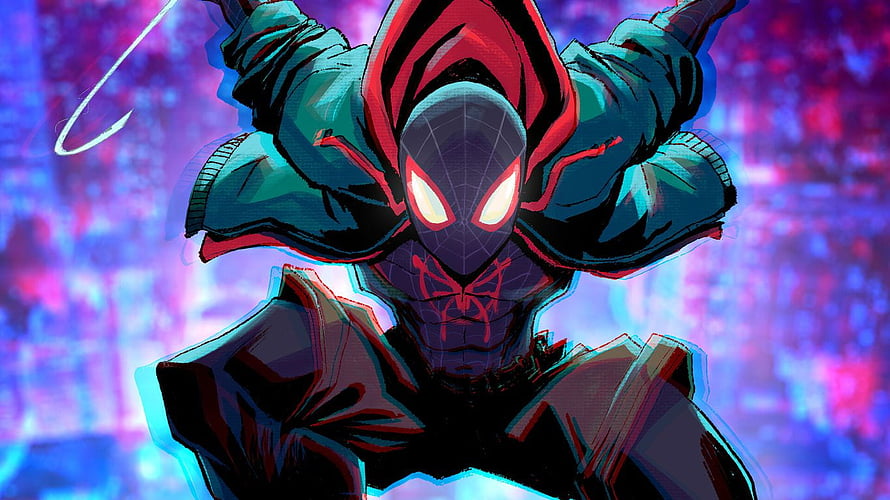 Miles Morales Spider-Man in Hooded Suit with Neon Glitch Art Style HD wallpaper