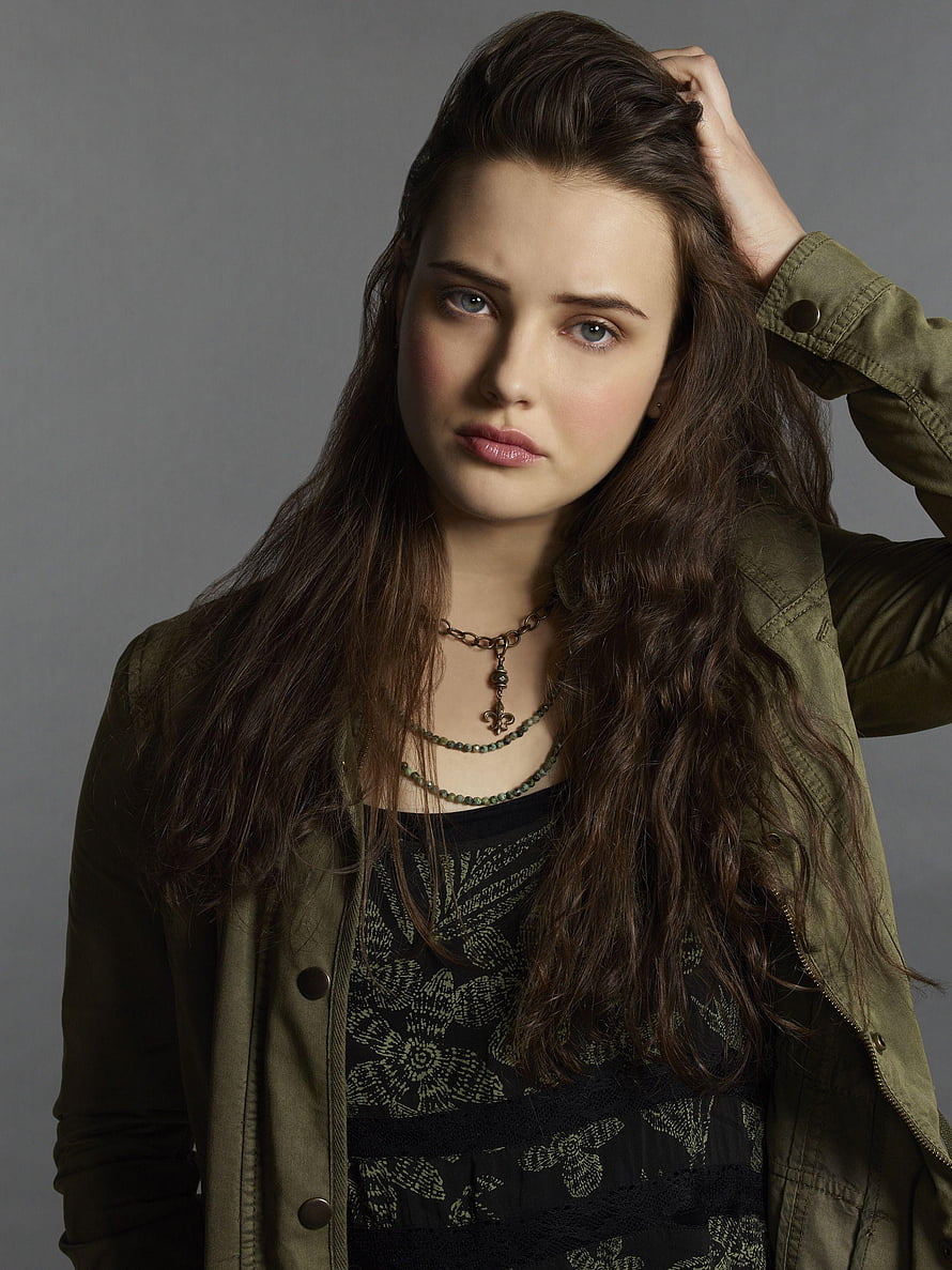 Katherine Langford Studio Portrait in Olive Jacket and Layered Necklaces HD phone wallpaper