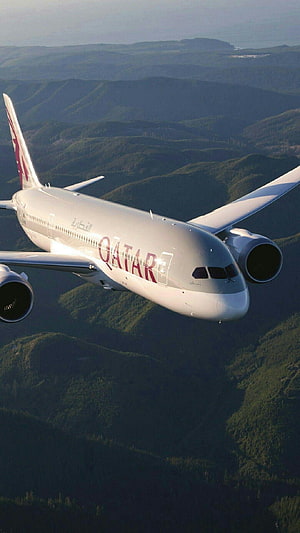 Qatar Airways Boeing 787 Dreamliner Cruising Over Lush Green Mountain Ranges HD phone wallpaper