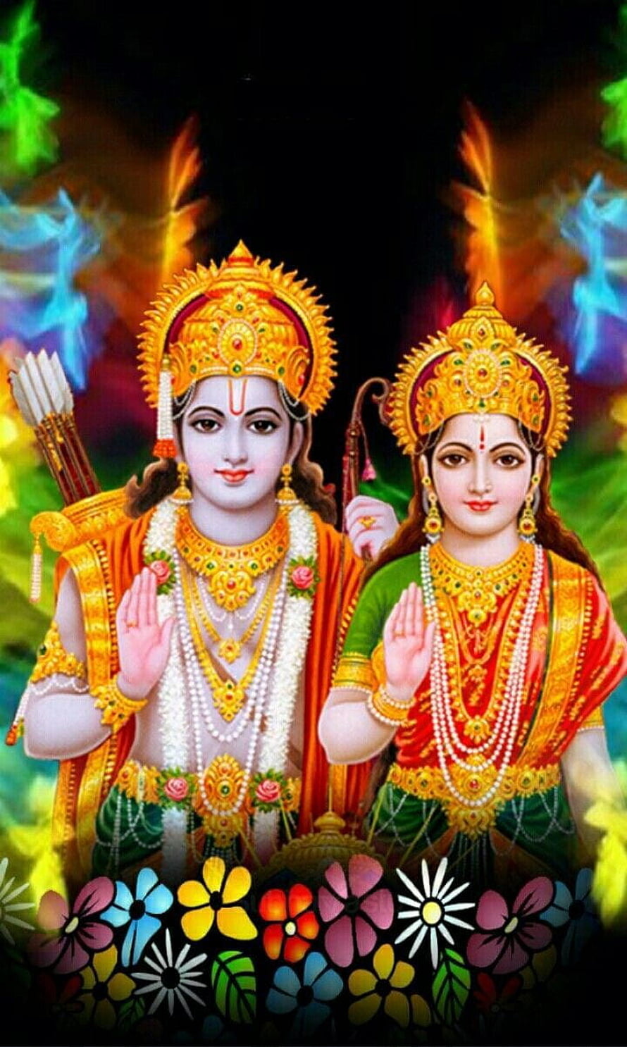 Ram and Sita Devotional Portrait with Ornate Jewelry and Floral Garland HD phone wallpaper