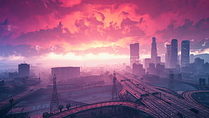 Grand Theft Auto V Futuristic Cityscape at Sunset with Highway Interchange and Neon Sky HD wallpaper