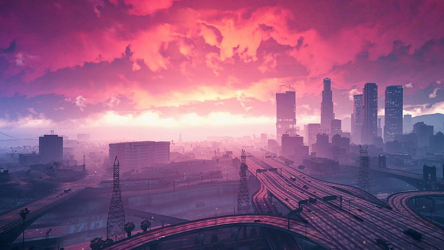 Grand Theft Auto V Futuristic Cityscape at Sunset with Highway Interchange and Neon Sky HD wallpaper