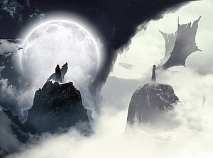 Game of Thrones Fantasy Landscape with Full Moon and Silhouetted Figures on Cloudy Peaks HD wallpaper