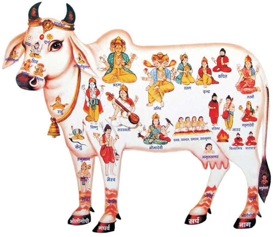 Kamadhenu Divine Cow Illustration with Hindu Deities and Mythological Figures HD wallpaper