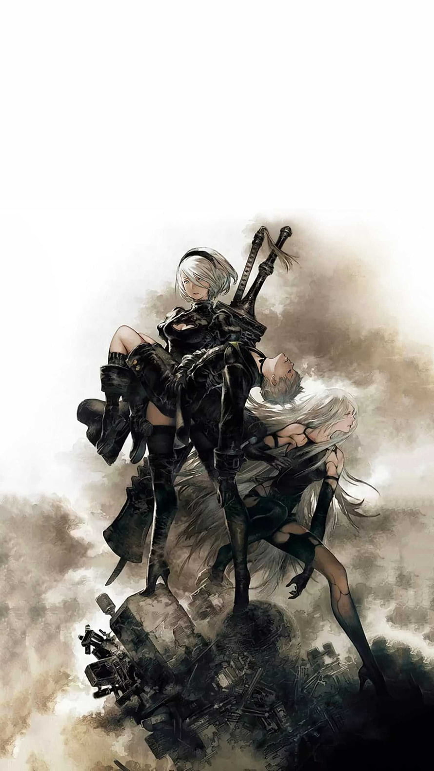 NieR Automata 2B and 9S Standing on Ruined Machinery in Misty Atmosphere HD phone wallpaper