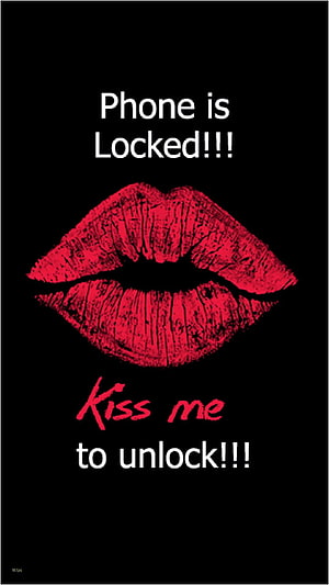Red Lipstick Kiss Print on Black Background with Playful Phone Unlock Text HD phone wallpaper
