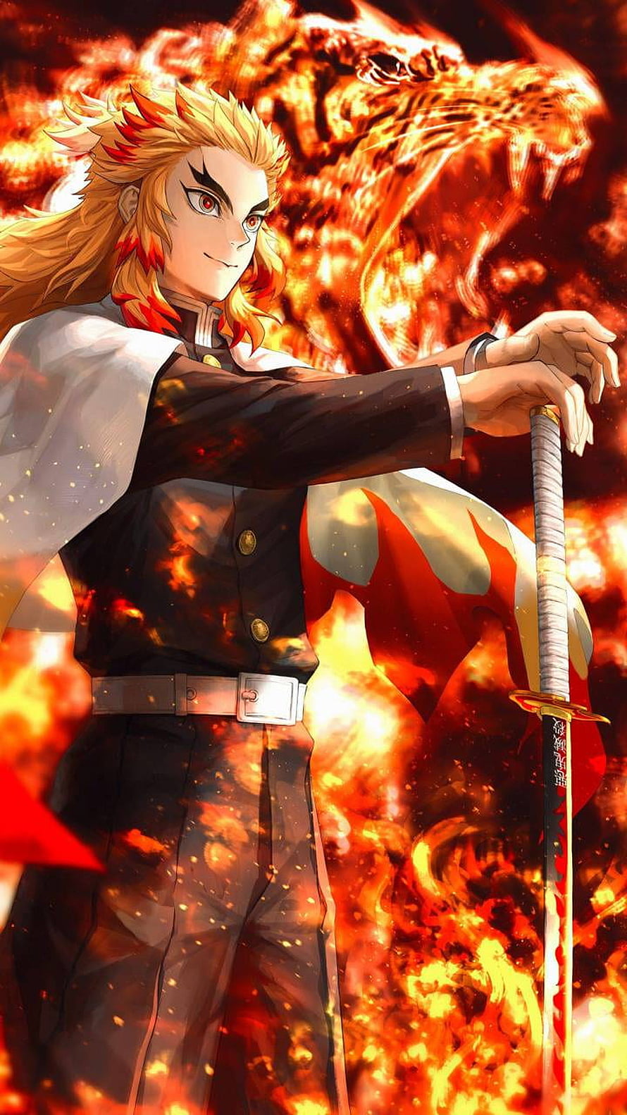 Kyojuro Rengoku from Demon Slayer Standing in Flames with Katana and Fire Tiger Spirit HD phone wallpaper