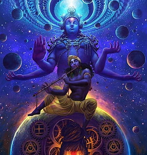 Lord Vishnu and Lord Krishna in Cosmic Universe with Celestial Planets and Sacred Gears HD phone wallpaper