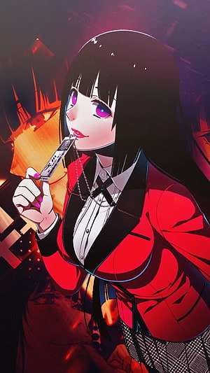 Anime Girl in Red Blazer Holding a Knife with Fiery Background HD phone wallpaper