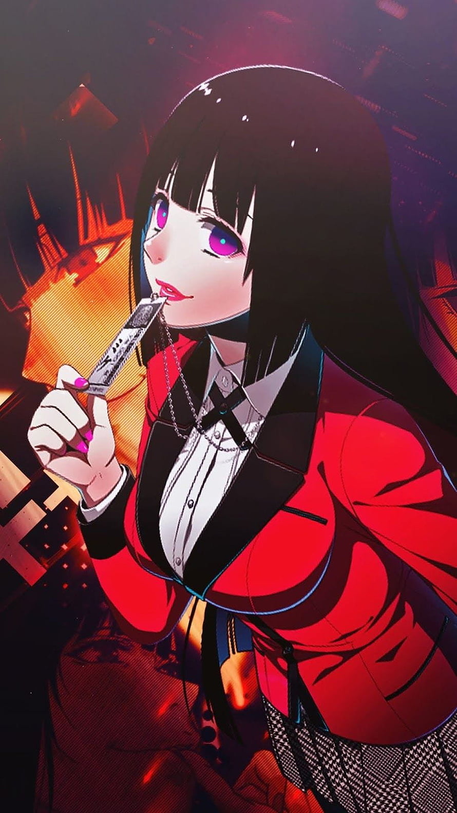 Anime Girl in Red Blazer Holding a Knife with Fiery Background HD phone wallpaper