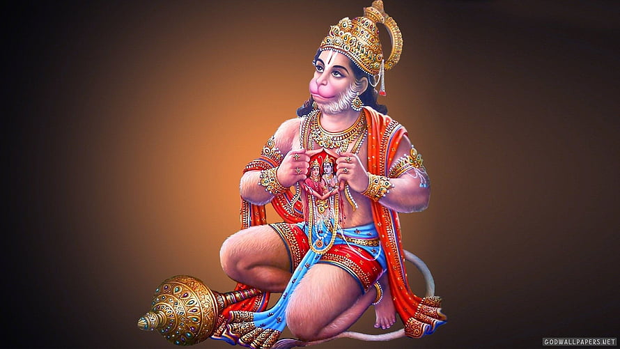Hanuman Devotional Portrait Holding Ram Darbar Icon With Mace And Ornate Crown HD wallpaper