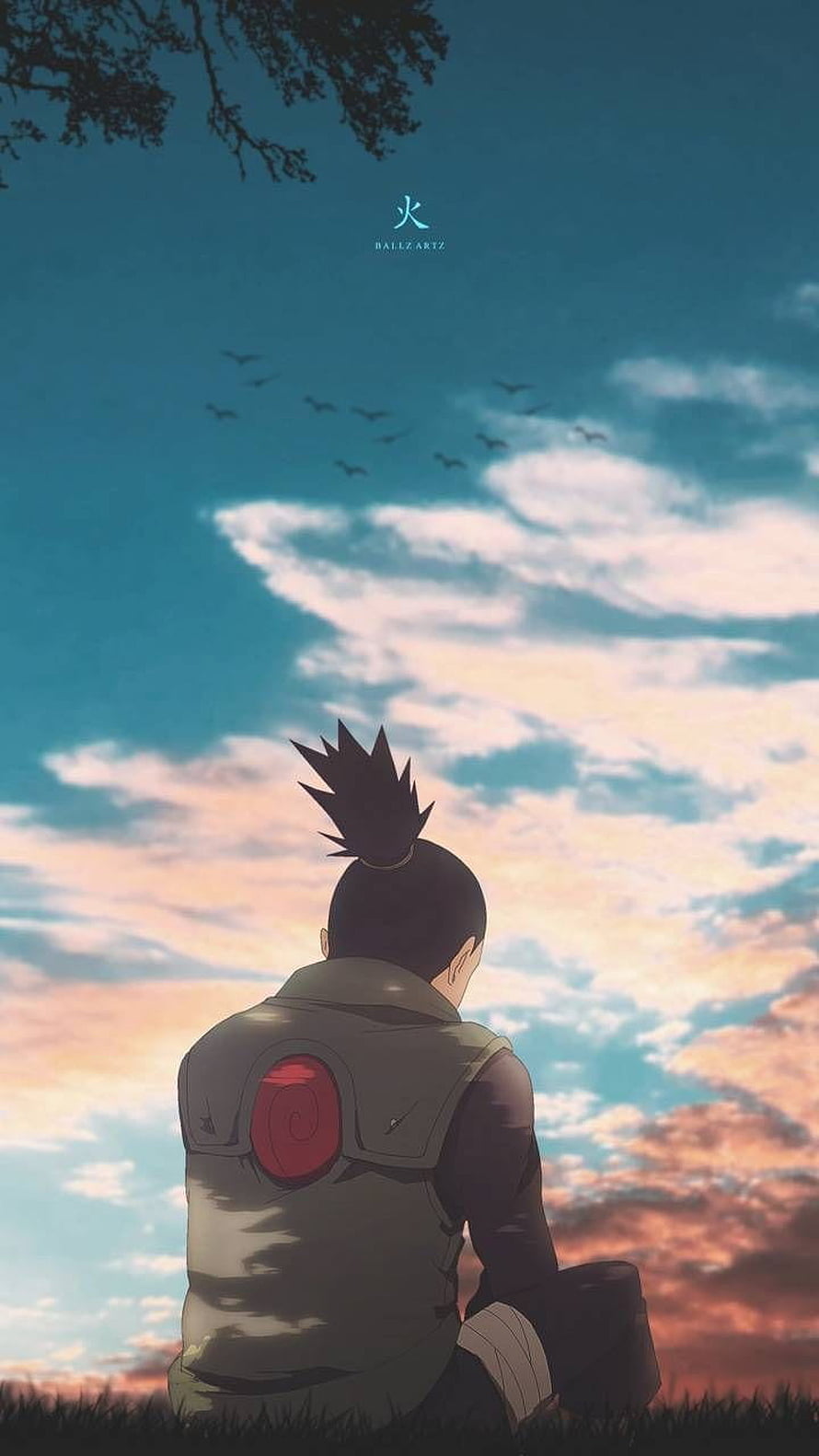 Shikamaru Nara from Naruto Sitting Silently Under a Sunset Sky with Birds in Flight HD phone wallpaper