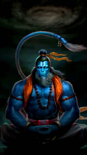 Lord Hanuman Meditating in Blue Digital Art with Orange Sash and Prayer Beads, Hanuman Ji Full For, lord hanuman HD phone wallpaper