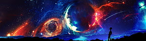 Silhouette of a figure gazing at a vibrant cosmic nebula and planet in a deep space landscape HD wallpaper