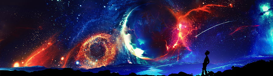 Silhouette of a figure gazing at a vibrant cosmic nebula and planet in a deep space landscape HD wallpaper