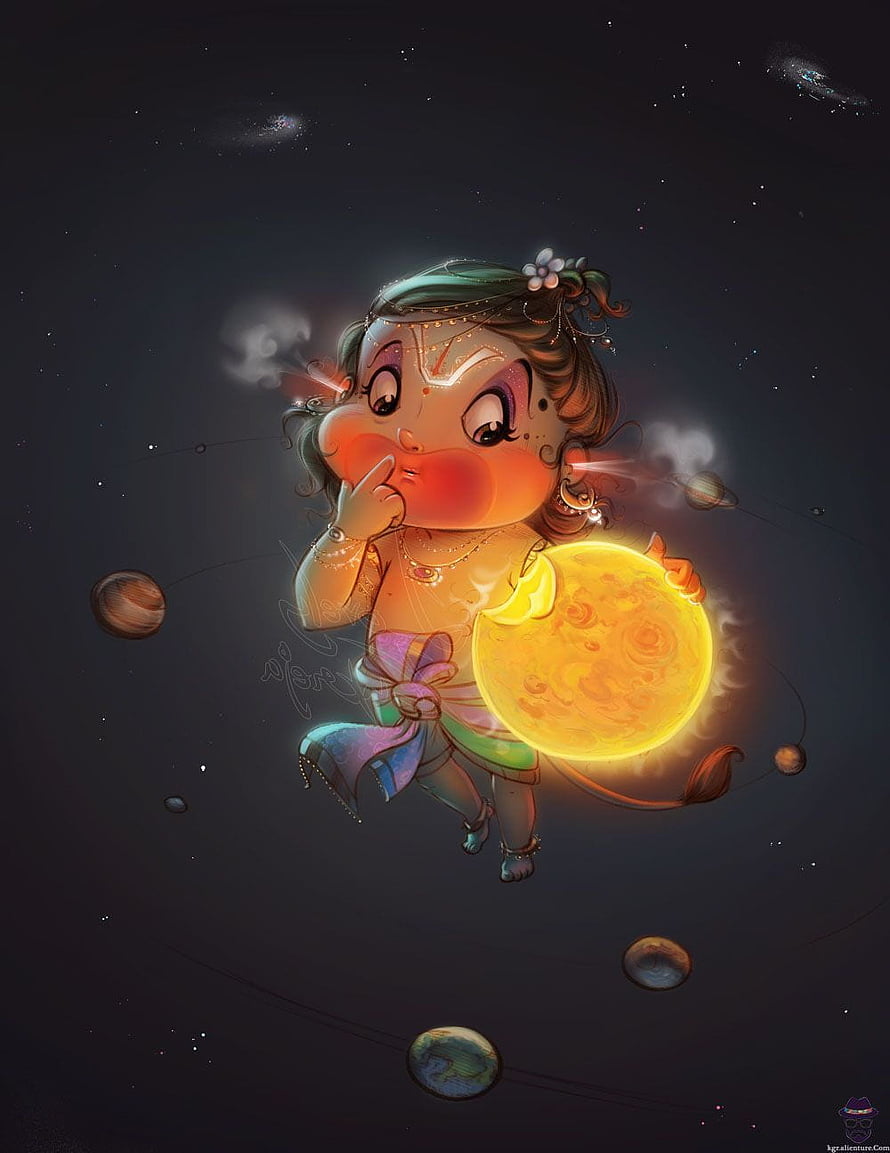 Cute Baby Hanuman Holding a Glowing Sun in a Cosmic Space Setting HD phone wallpaper