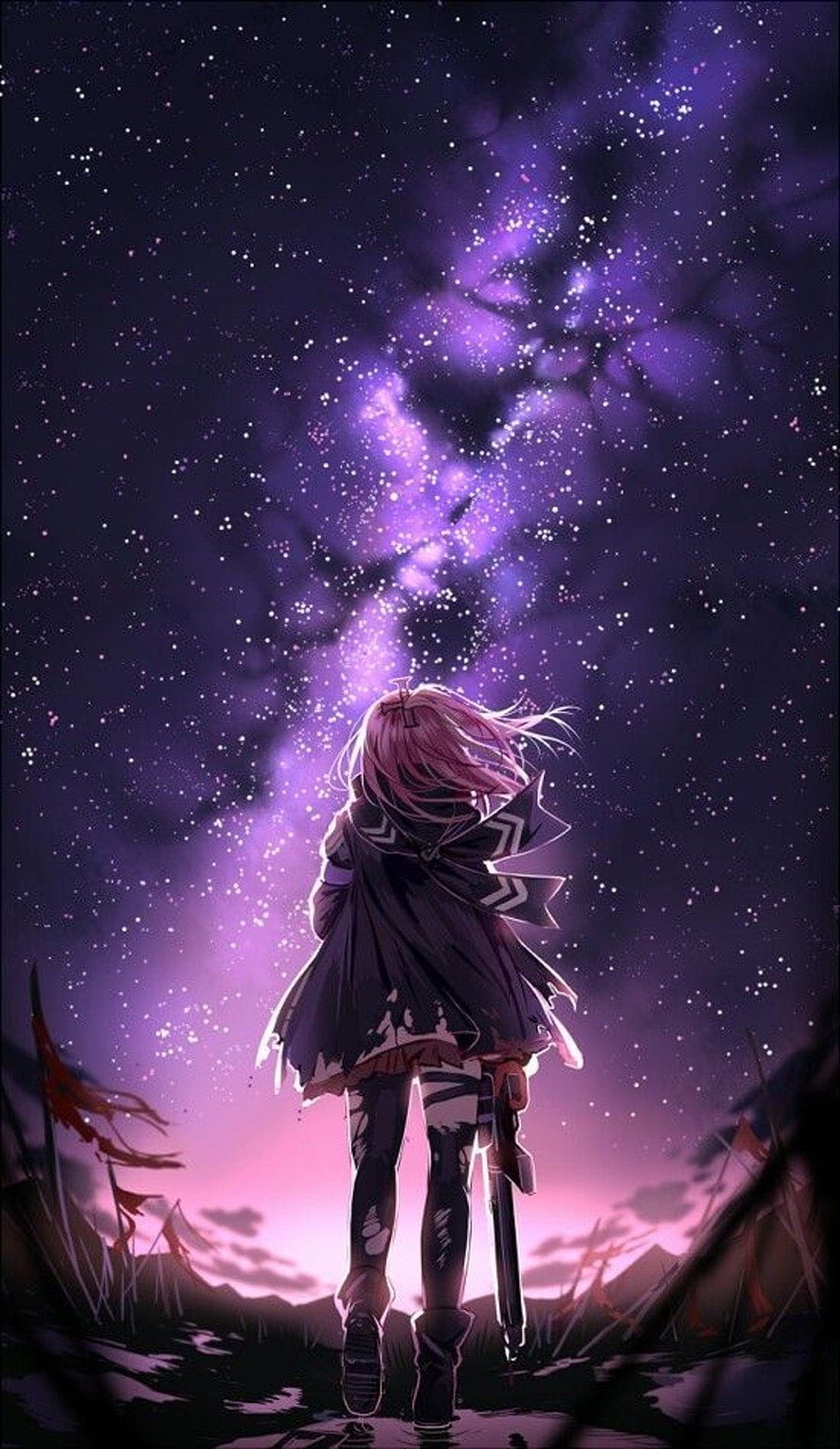 Anime Girl With Sword Standing Under Purple Starry Night Sky HD phone wallpaper