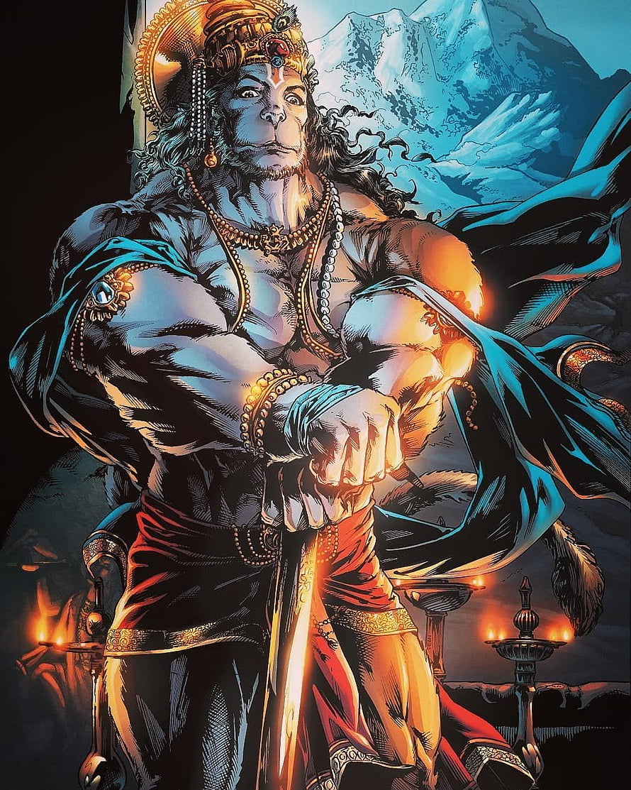 Lord Hanuman in Regal Attire with Sword and Snowy Mountain Backdrop HD phone wallpaper