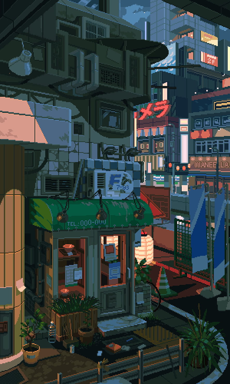 Waneella Pixel Art Japanese City Street with Neon Signs and Shopfront HD phone wallpaper