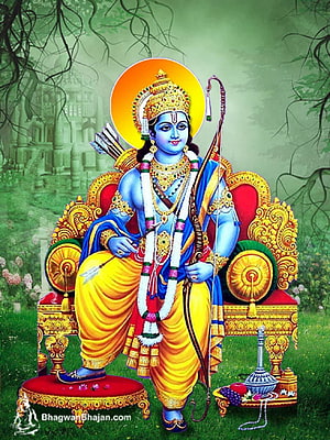 Lord Rama Seated on Golden Throne with Bow and Arrows in Divine Garden HD phone wallpaper