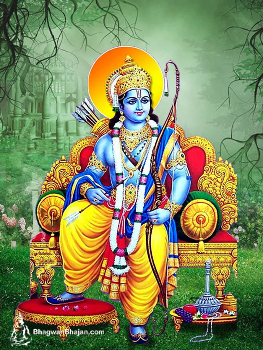 Lord Rama Seated on Golden Throne with Bow and Arrows in Divine Garden HD phone wallpaper