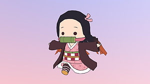 Chibi Nezuko Kamado in Pink Kimono with Bamboo Cuff on Soft Gradient Background HD wallpaper