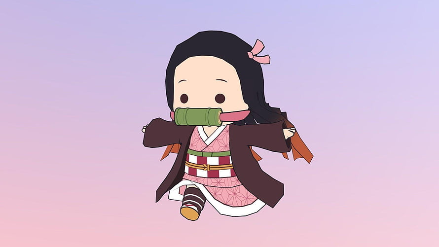 Chibi Nezuko Kamado in Pink Kimono with Bamboo Cuff on Soft Gradient Background HD wallpaper