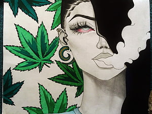 Stylized Illustration of a Woman with Cannabis Leaves and Smoke HD wallpaper