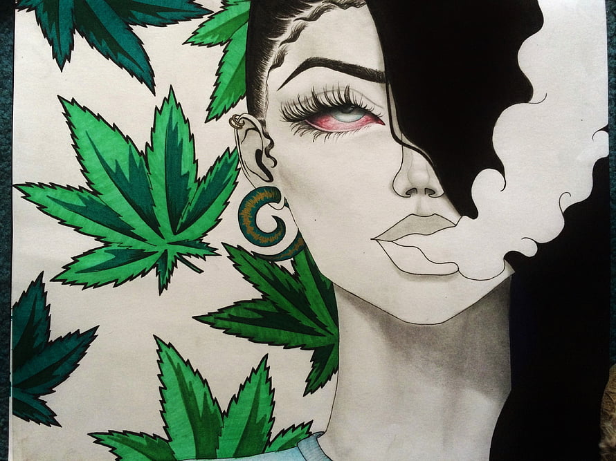 Stylized Illustration of a Woman with Cannabis Leaves and Smoke HD wallpaper