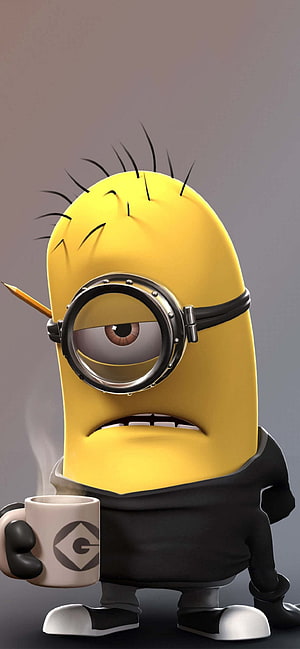 Grumpy Minion Holding Steaming Coffee Mug and Pencil in 3D Render HD phone wallpaper