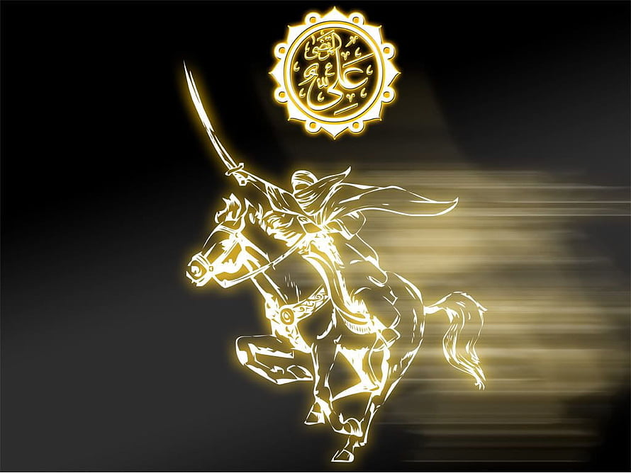 Glowing Golden Mola Ali Warrior on Horseback with Zulfiqar Sword and Arabic Calligraphy Emblem HD wallpaper