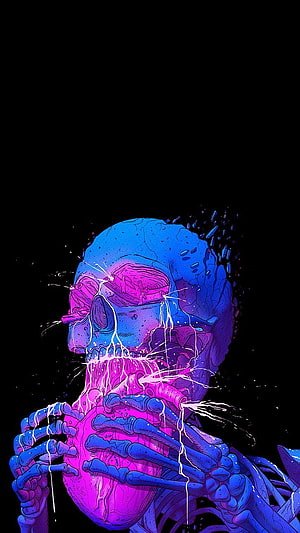 Neon Blue and Pink Skeleton Holding Heart Digital Art on Black Background HD phone wallpaper