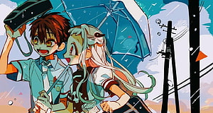 Toilet Bound Hanako Kun Anime Illustration of Two Characters Sharing an Umbrella in the Rain HD wallpaper