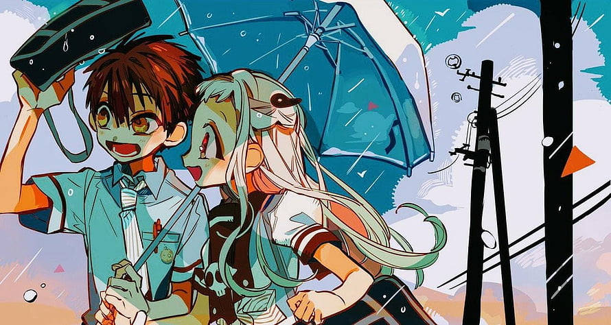 Toilet Bound Hanako Kun Anime Illustration of Two Characters Sharing an Umbrella in the Rain HD wallpaper