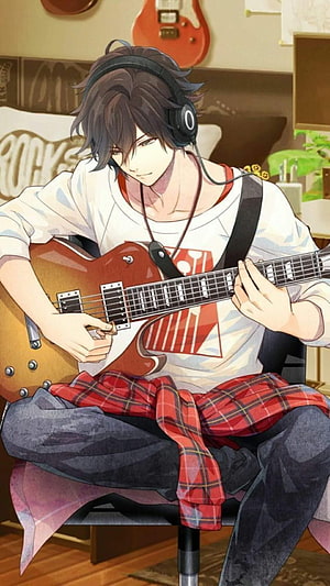 Anime Boy Playing Electric Guitar in Bedroom with Headphones HD phone wallpaper