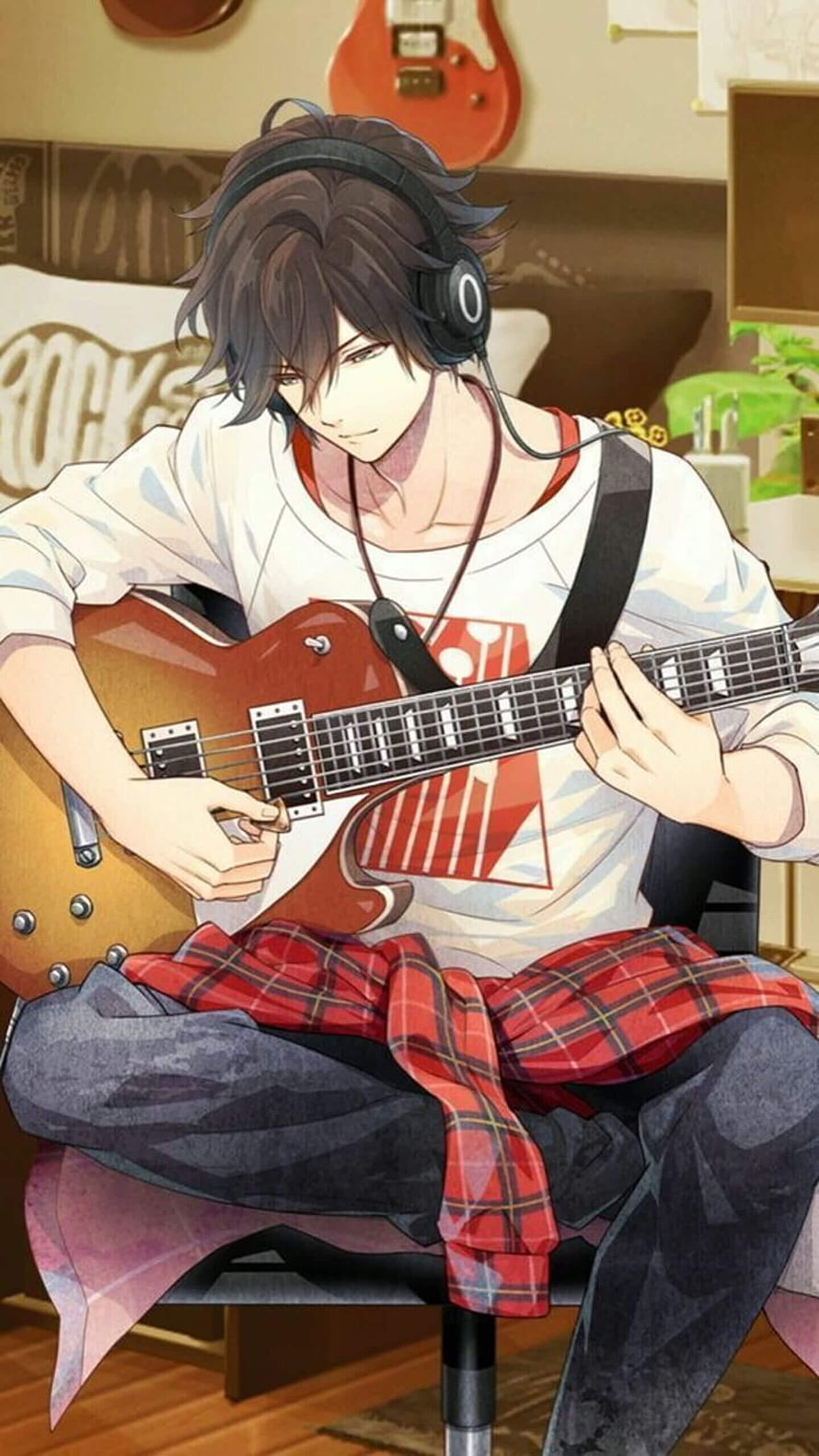 Anime Boy Playing Electric Guitar in Bedroom with Headphones HD phone wallpaper