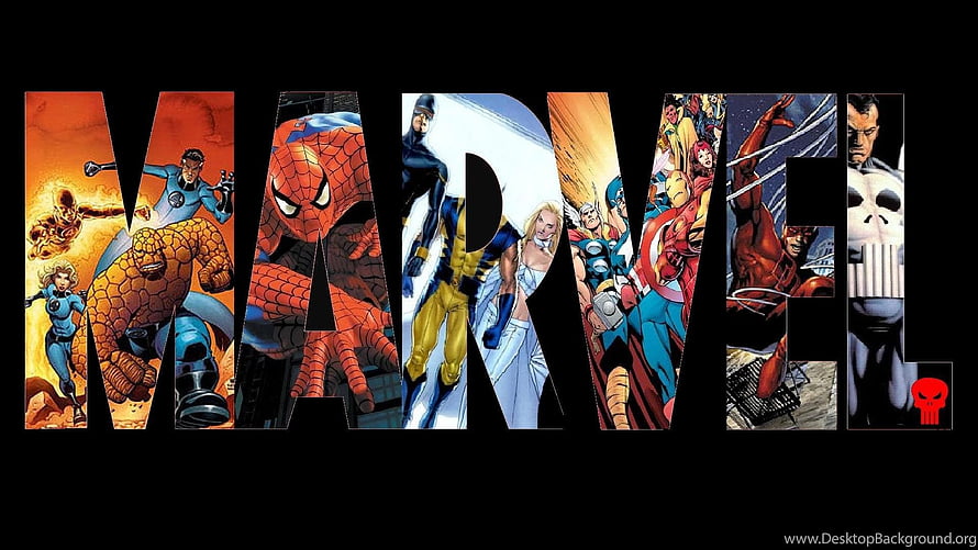 Marvel Comics Logo Filled With Classic Superhero Characters On Black Background HD wallpaper
